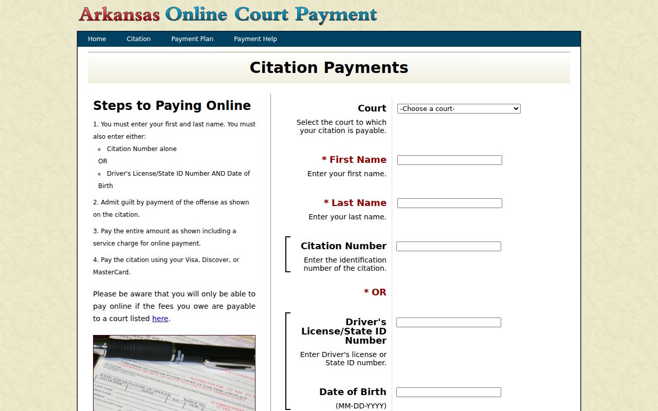 Arkansas citation fields used in a Mississippi County warrant check