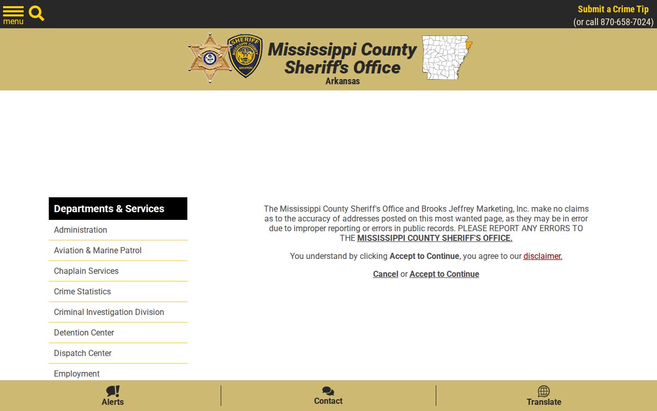 Mississippi County Sheriff warrant record accuracy disclaimer
