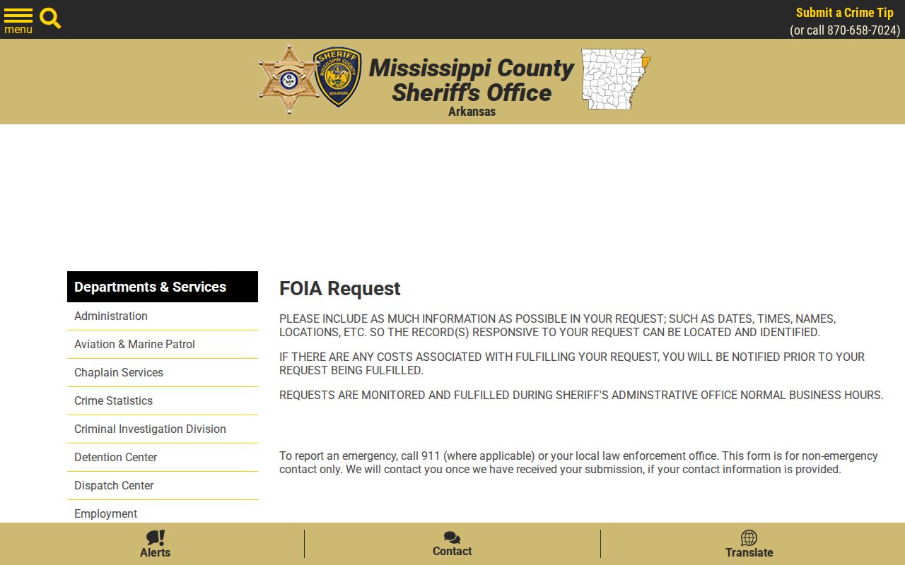 Mississippi County Sheriff FOIA form for warrant records
