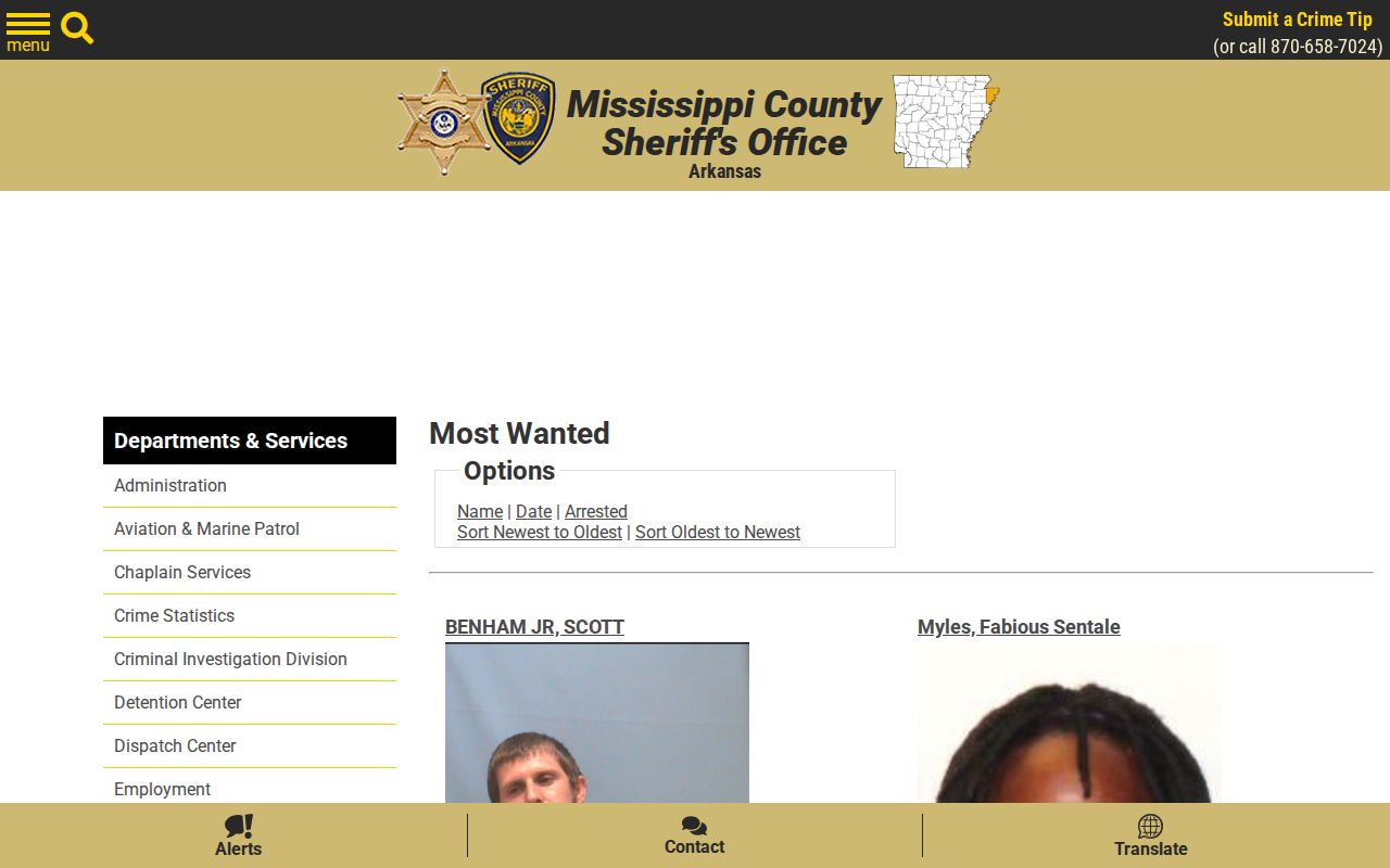 Official Mississippi County Most Wanted interface for warrant records